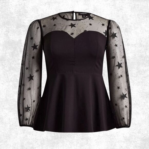 Torrid 2 Black Star Mesh Top – Celestial Sheer Long Sleeve Goth Peplum Blouse Pl - Picture 5 of 8